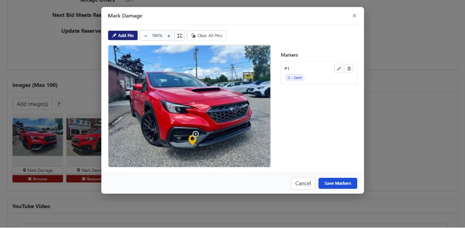 Mark Damage modal allowing sellers to place interactive pins on vehicle images with damage categories like Cracked, Dent, Scratched, or Paint Chip