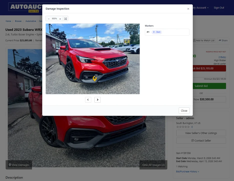 Buyer-side Damage Inspection modal with numbered damage markers and zoom controls