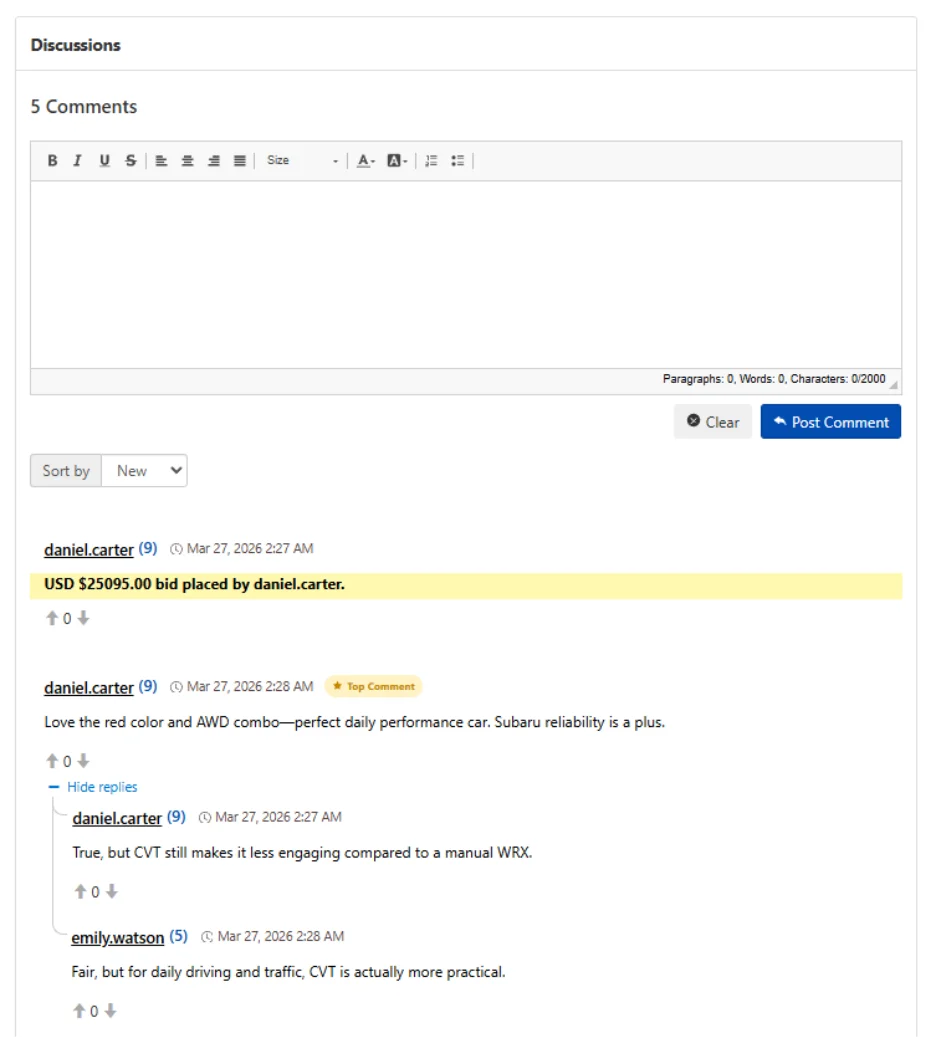 Discussion comments section with rich text editor, upvote/downvote, Top Comment badges, and threaded replies