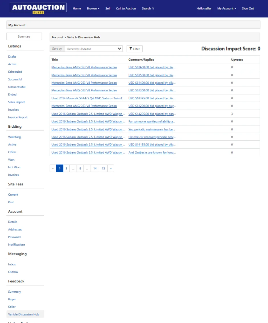 Vehicle Discussion Hub in user account showing Discussion Impact Score and all comments across listings