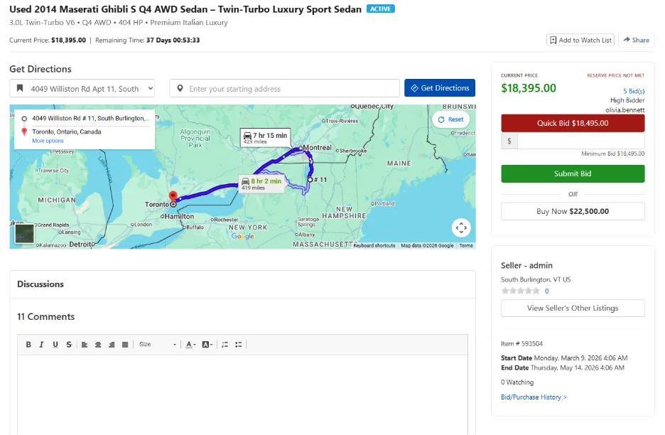 Vehicle Marketplace Discussions showing comments with upvote/downvote, Top Comment badges, and threaded replies below an active listing