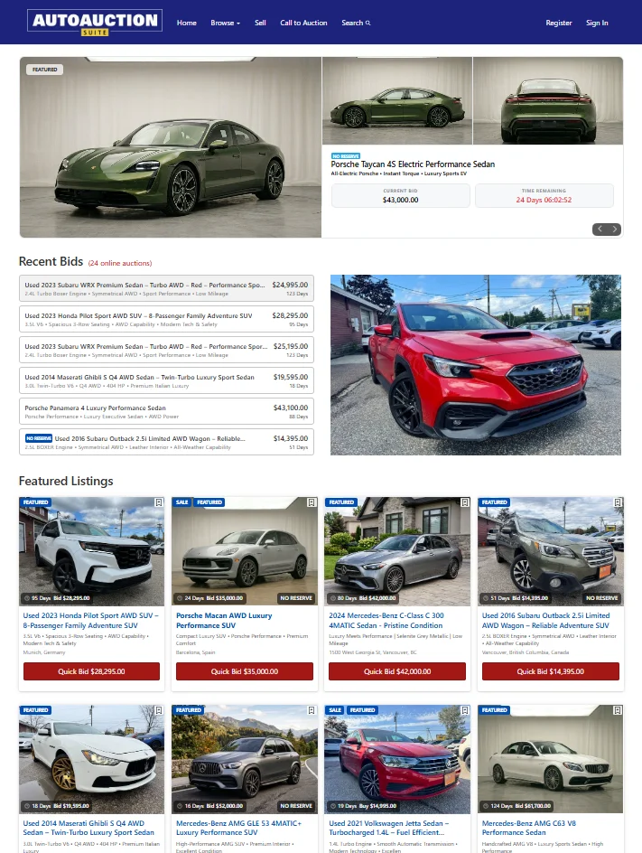 Auto Auction Suite Homepage with vehicle slider, live recent bids, and featured listings grid