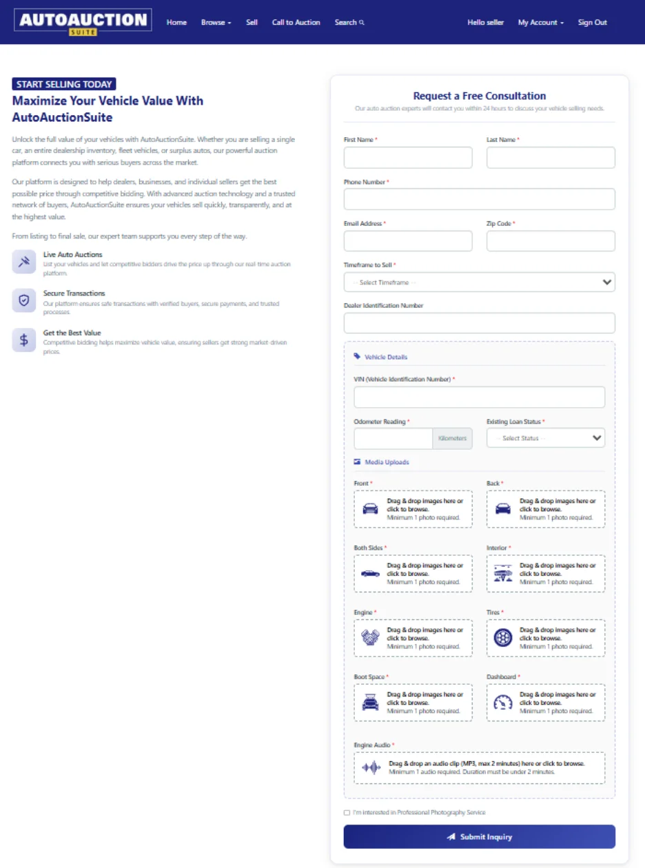 Lead Generation Tool with dual-layout showing marketing content on the left and comprehensive vehicle intake form on the right including media uploads
