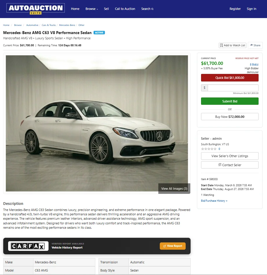 Listing Details page with vehicle title, pricing, Quick Bid, and seller information