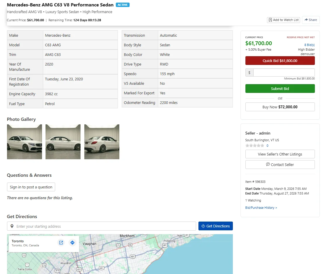 Vehicle specification table auto-populated from VIN decoding including Make, Model, Trim, Engine, Transmission, and more