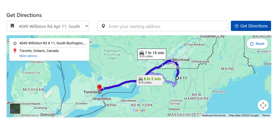 Get Directions feature showing Google Maps with driving routes between buyer location and vehicle listing