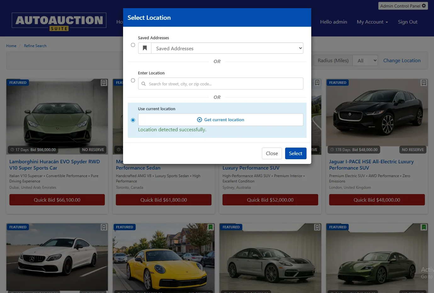 Select Location dialog with saved addresses, manual entry, and Get Current Location options