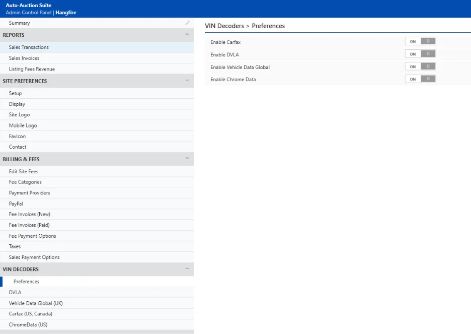 Admin Control Panel showing VIN Decoder preferences with toggles to enable/disable Carfax, DVLA, Vehicle Data Global, and ChromeData