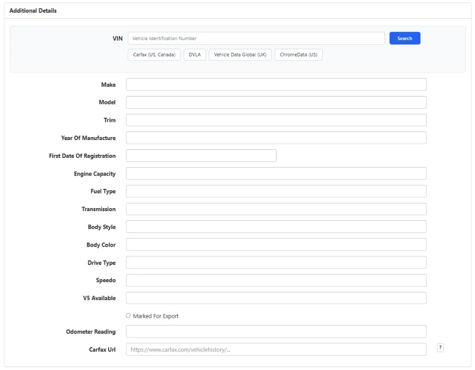 VIN Decoding form with Carfax, DVLA, Vehicle Data Global, and ChromeData provider buttons