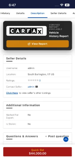 Mobile listing page showing Carfax Verified Report