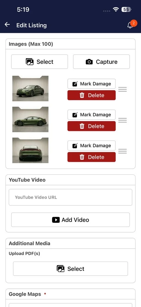 Mobile app Damage Inspection screen
