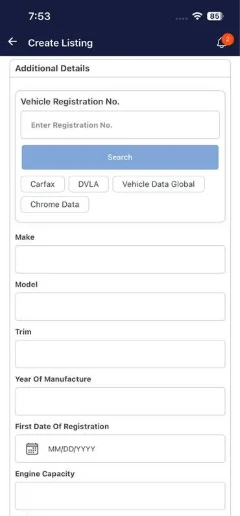 Mobile app Create Listing screen