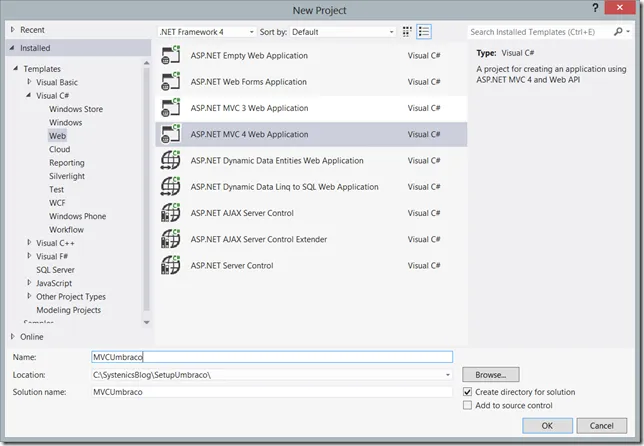 Create new ASP.NET 4 MVC Web Application