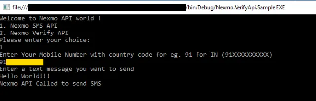 Output for SMS API Sample